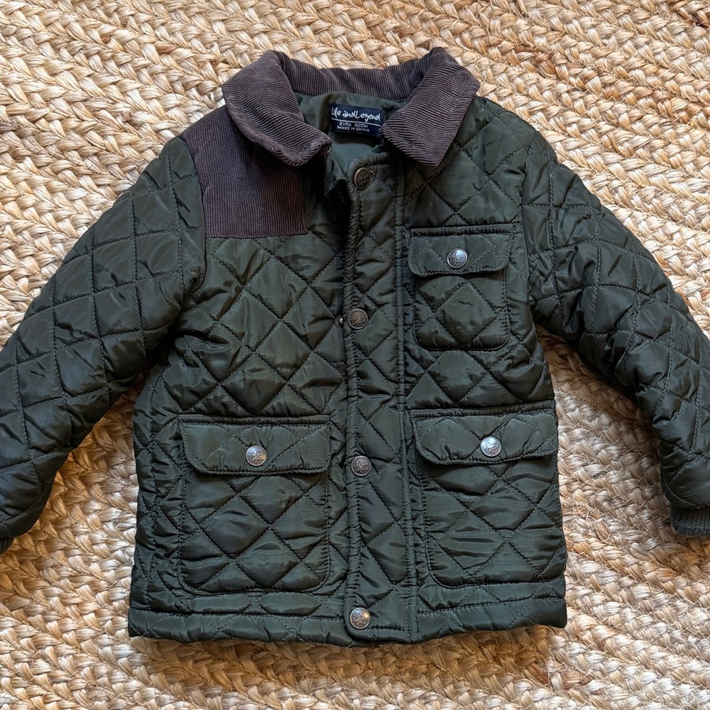 Toddler 2T Quilted Green Jacket with Brown Accents